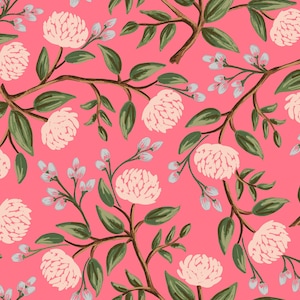 May include: A seamless pattern featuring pink flowers with white centers and green leaves on a pink background.