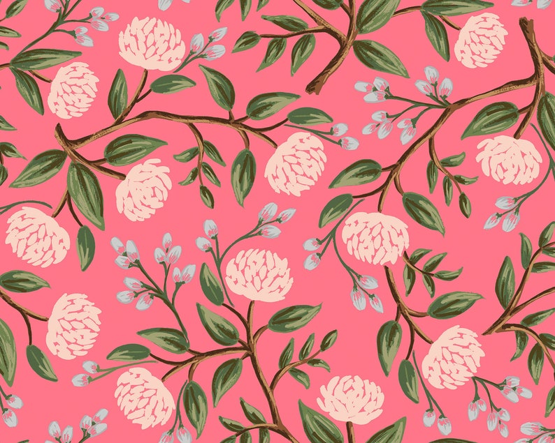 May include: A seamless pattern featuring pink flowers with white centers and green leaves on a pink background.