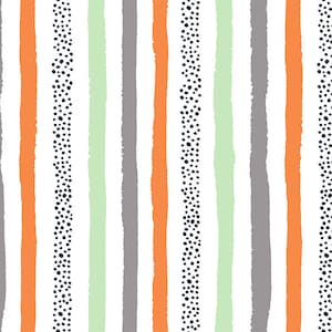 May include: A seamless pattern with alternating stripes of orange, grey, and light green. The stripes are uneven and have a hand-drawn look. Some stripes are dotted with black circles.