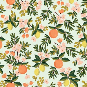 May include: A seamless pattern featuring a repeating design of orange citrus fruit, yellow lemons, pink flowers, and green leaves on a light blue background.