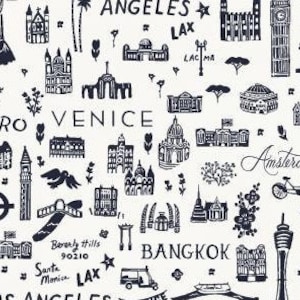 NEW World Traveler Silhouette Navy Fabric, RP803-NA2 Cotton+Steel Rifle Paper Co, Collezione Bon Voyage, 100% Cotone fine