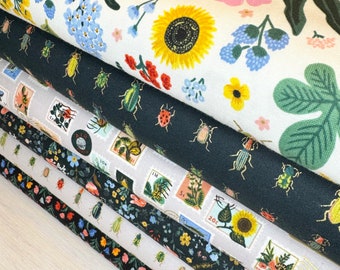 Curio collection bundle of 6 prints, floral cotton, insect cotton, green orange cotton, Rifle Paper Co fabric, Cotton Steel