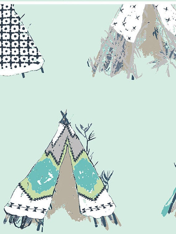 Teepees Mint Fabric, Apparel fabric, Mint Fabric, Bedding Fabric, Quilting Fabric, Cotton Fabric, Art Gallery Fabric, Gansu Village Mintglow
