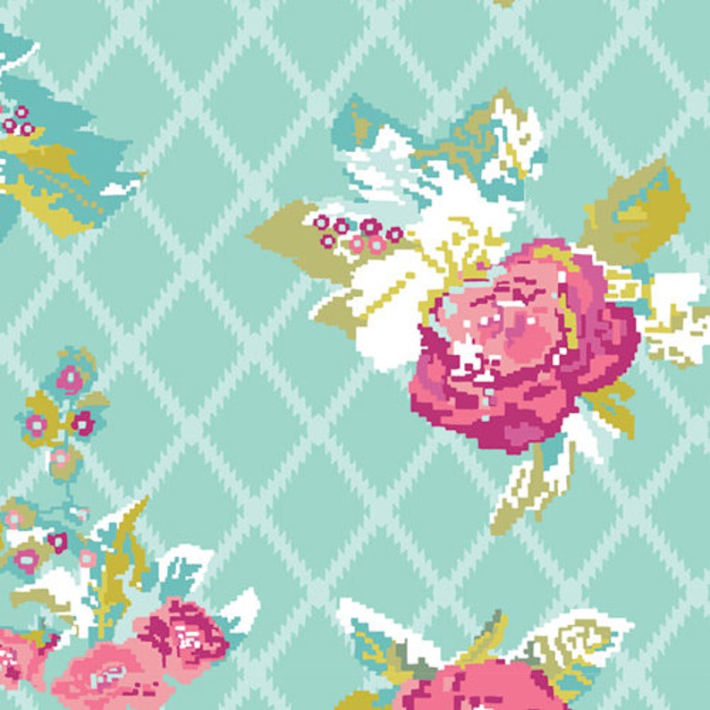 May include: A teal and white diamond patterned background with pink and white floral designs. The flowers are in clusters and have a vintage style.