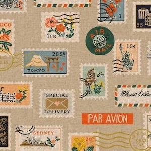 NUOVI francobolli Metallic CANVAS, RP802-NA5UCM Natural Unbliched Rifle Paper Co. Bon Voyage, Tessuto da tappezzeria in cotone + acciaio