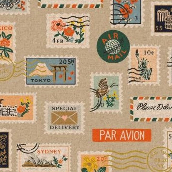 15"x44" Postage Stamps Metallic CANVAS, RP802-NA5UCM Natural Unbliched Rifle Paper Co. Bon Voyage, Cotton+Steel  Upholstery Fabric