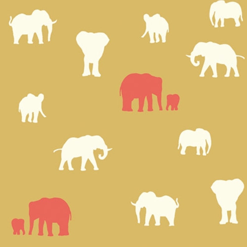 May include: A pattern of white and red elephant silhouettes on a yellow background. The elephants are in various poses, including walking, standing, and trumpeting. Some elephants are larger than others, and some are accompanied by a smaller elephant.