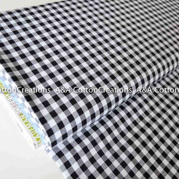 Black 1/4" Plaid Cotton, Carolina Gingham, Black Yarn Dyed Fabric, reversible Quilting fabric, Apparel Fabric, Robert Kaufman