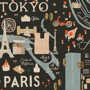 NEW City Guide CANVAS, RP801-BK3UC Black Unbleached Rifle Paper Co. Collezione Bon Voyage, Tessuto da tappezzeria in cotone+acciaio