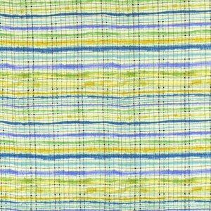 May include: A fabric with a striped pattern in shades of blue, green, and yellow. The stripes are thin and have a slightly textured appearance.