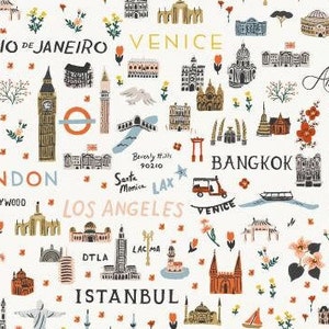 NEW World Traveler White Fabric, RP800-WH2 Cotton +Steel Rifle Paper Co, Bon Voyage Collection, 100% Cotone fine, Tessuto per abbigliamento
