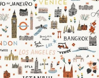World Traveler White Fabric, RP800-WH2 Cotton+Steel Rifle Paper Co, Bon Voyage Collection, 100% Fine cotton, Apparel Fabric