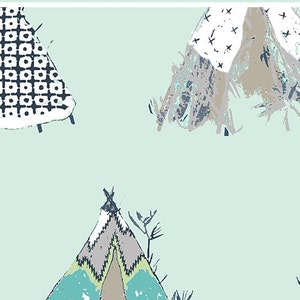 May include: A teal green background with a repeating pattern of colorful teepees. The teepees are in various styles and colors, including blue, green, white, and brown. The text "44-45" WOF is at the top of the image.