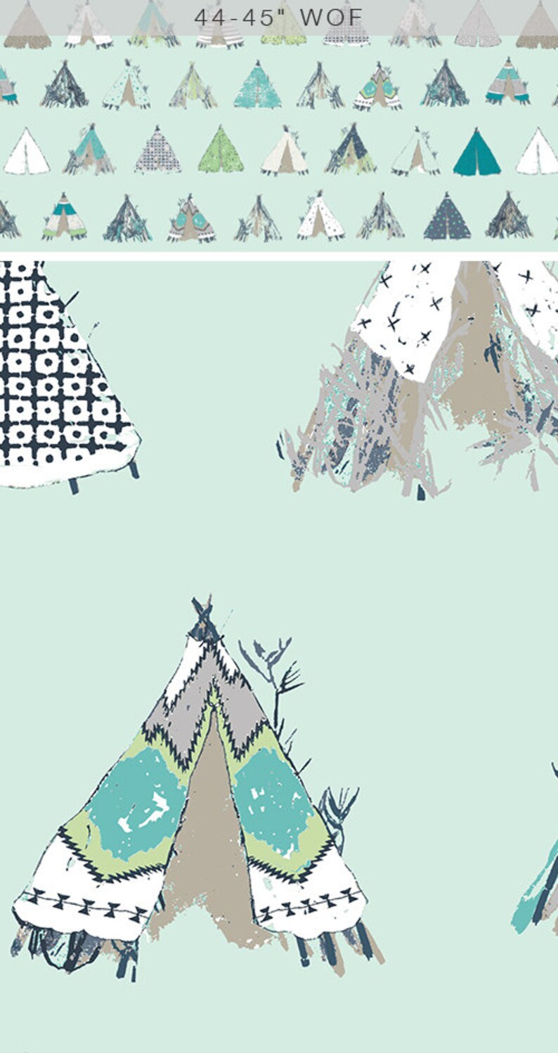 May include: A teal green background with a repeating pattern of colorful teepees. The teepees are in various styles and colors, including blue, green, white, and brown. The text "44-45" WOF is at the top of the image.