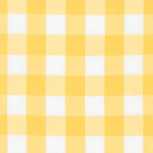 May include: Yellow and white checkered fabric with a subtle texture. The fabric has a gingham pattern.