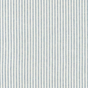 May include: Close-up of a fabric with vertical stripes. The stripes alternate between a light blue and white color. The fabric has a textured appearance, suggesting a natural fiber like linen or cotton. The pattern is evenly spaced.