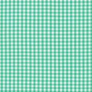 May include: A green and white gingham fabric with a checkered pattern.