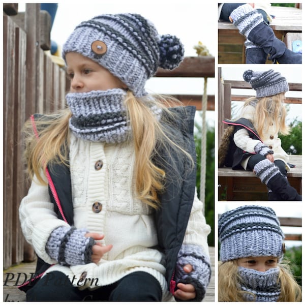 Knitting pattern. Set of Venice Slouchy hat, cowl, fingerless mittens and legwarmers.Toddler, child, adult sizes.(037, 038, 039, 041))