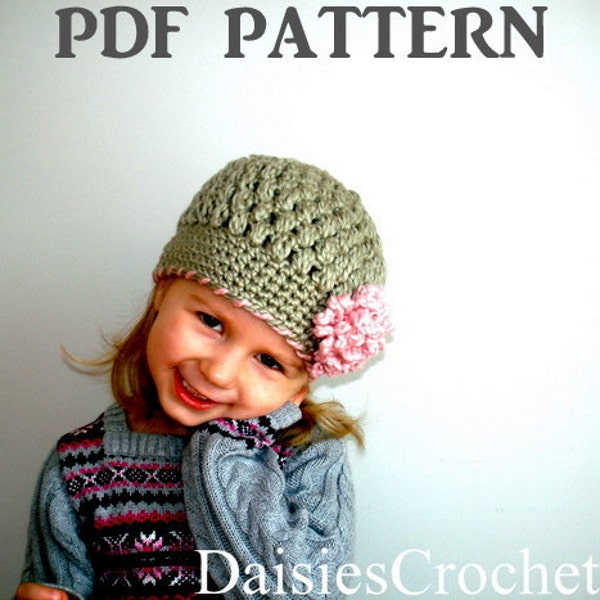 Crochet pattern pdf Girl Beanie Hat with Flower. Puffer Hat. Christmas Birthday gift 7 sizes (017)