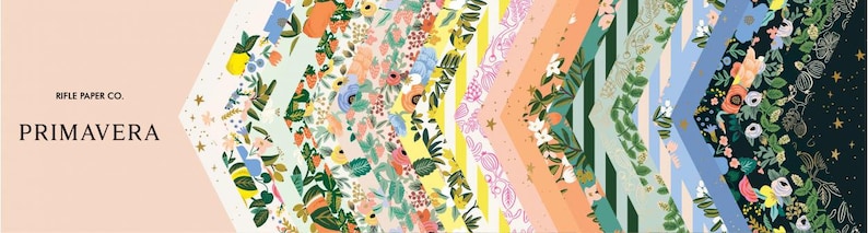 May include: A collection of Rifle Paper Co. Primavera wrapping paper featuring floral and geometric patterns in a variety of colors, including pink, blue, green, yellow, and orange.