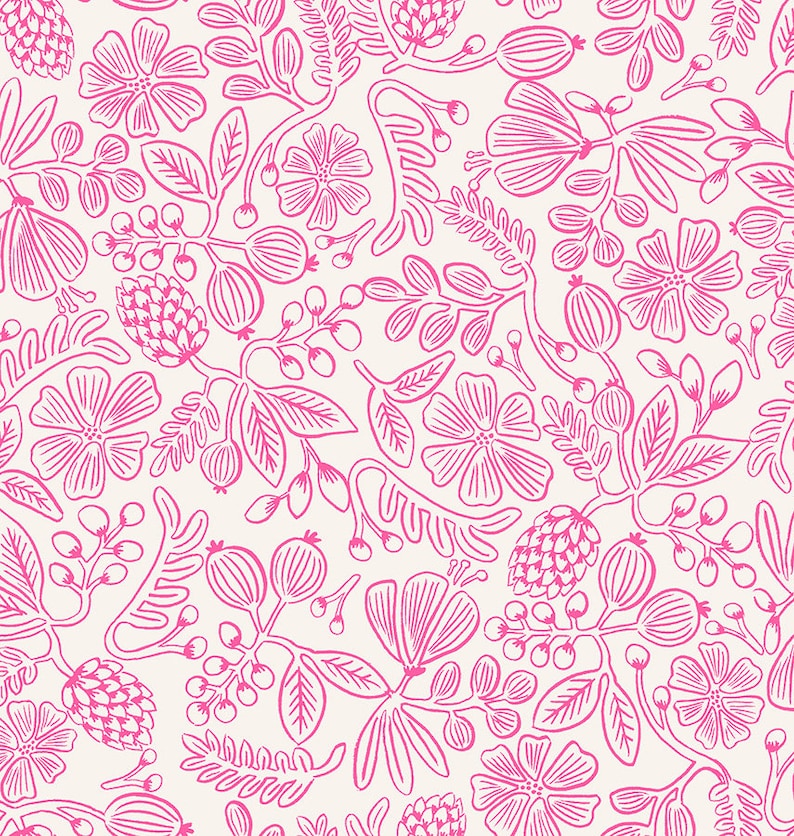 May include: A seamless pattern featuring pink floral illustrations on a white background. The pattern includes various flowers, leaves, and berries, creating a delicate and intricate design.