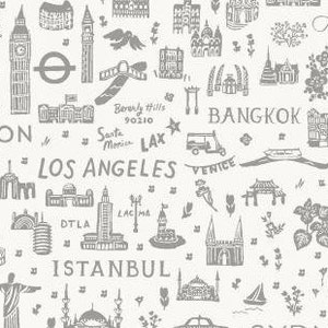 NEW World Traveler Silhouette Tessuto Grigio, RP803-GR3 Cotone+ Acciaio Rifle Paper Co, Collezione Bon Voyage, 100% Cotone Fine
