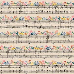 May include: A repeating pattern of musical notation with floral accents. Black musical staves are set against a beige backdrop. The top and bottom of each stave are adorned with colourful flowers in pink, yellow, blue, and orange.
