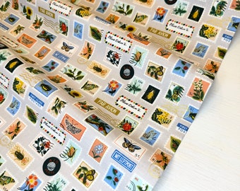 RP1104-KH1M Curio - Botanical Postage Stamps - Khaki Metallic Fabric, Apparel Fabric, Rifle Paper Co fabric, Cotton n Steel