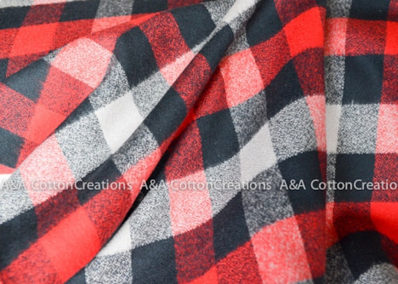 Red, Gray and Black Plaid Cotton Flannel Fabric
