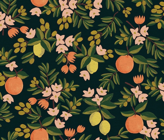 Primavera CANVAS Citrus Floral RP300-BK5C, Black Canvas, Rifle Paper Cotton Linen Blend,Upholstery Fabric,Cotton+Steel Fabric