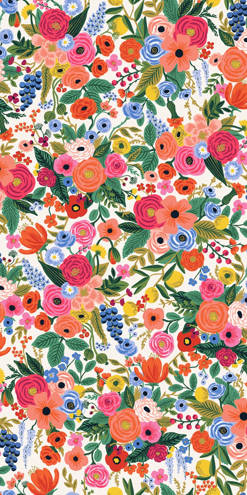 May include: A vibrant floral pattern featuring a dense arrangement of colorful flowers. The design includes a variety of blooms in shades of pink, orange, blue, and yellow, set against a cream background. Green leaves and berries add to the botanical theme.