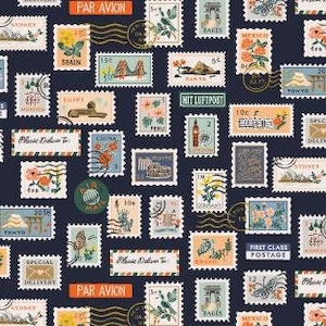 May include: A dark navy blue fabric featuring a repeating pattern of vintage-style postage stamps. The stamps display various international landmarks, floral illustrations, and text including Par Avion, Mit Luftpost, and Please Deliver To.