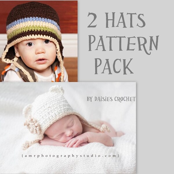 Crochet Earflap Hat 2 Patterns PDF 10 sizes Doll baby children teen, adult Flower Bear Ears (013, 014)