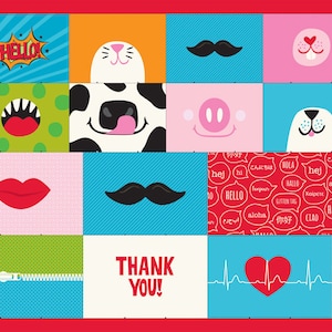 Puede incluir: Un panel de tela colorido con instrucciones para hacer mascarillas. El panel presenta varios diseños que incluyen animales, corazones y las palabras "Safety First" y "Thank You!" en rojo.