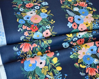 Wildwood-Garden Party Vines-Navy Fabric, Cotton+Steel Rifle Paper Co, Wildwood Collection, Dark Navy Flower Fabric, Fabric na odzież