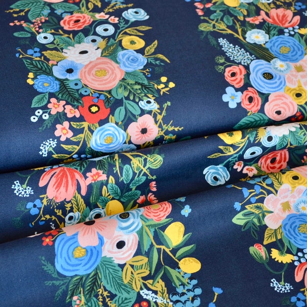 Wildwood-Garden Party Vines-Navy Fabric, Cotton+Steel Rifle Paper Co, Wildwood Collection, Dark Navy Flower Fabric,Apparel Fabric