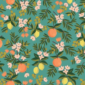 May include: A teal background with a repeating pattern of orange citrus fruit, yellow lemons, pink flowers, and green leaves.