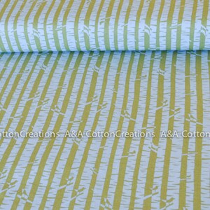 May include: A light blue and green fabric with a repeating pattern of birch trees. The fabric has a subtle texture and a soft, natural feel.