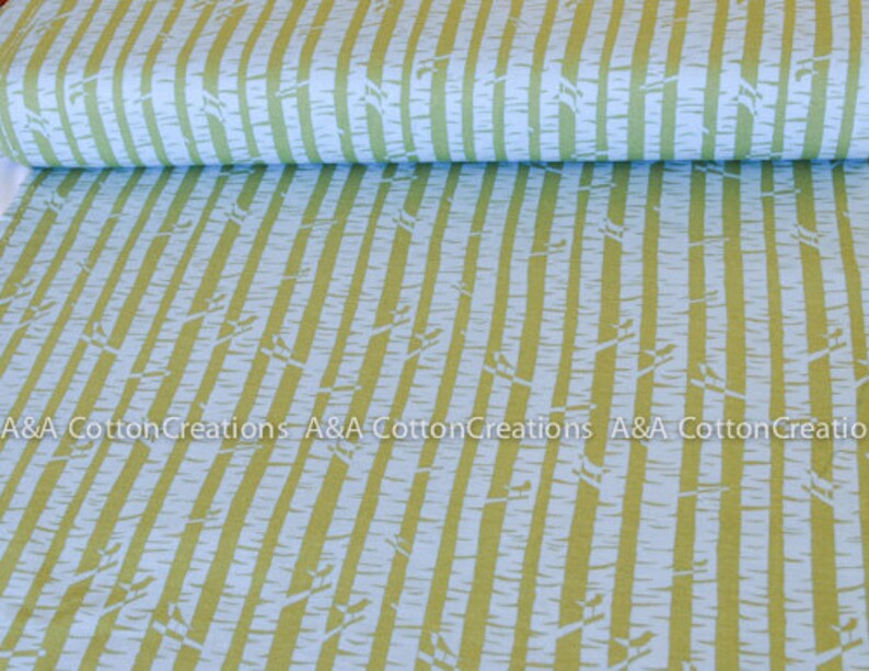 May include: A light blue and green fabric with a repeating pattern of birch trees. The fabric has a subtle texture and a soft, natural feel.