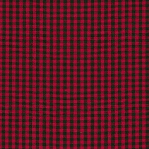 May include: A close-up of a fabric with a red and black buffalo check pattern. The pattern consists of evenly spaced, intersecting lines that create a grid of squares. The fabric has a slightly textured appearance.