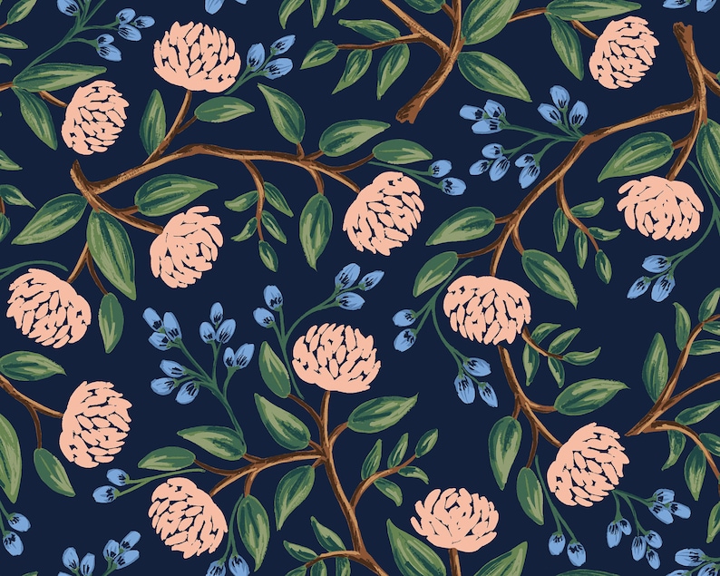 May include: A seamless pattern featuring pink flowers with green leaves and blue berries on a dark blue background.
