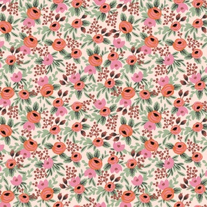 May include: A seamless pattern featuring a repeating design of pink and orange flowers with green leaves on a cream background.