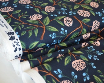 Wildwood RP102-NA2- Peonies - Navy Fabric, Cotton+Steel Rifle Paper Co, Wildwood Collection, Navy Flower Fabric, Apparel Fabric