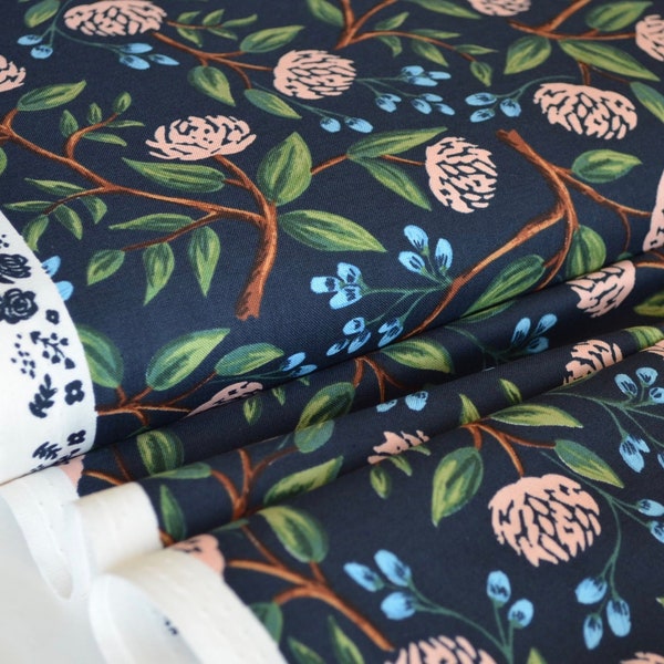 Wildwood RP102-NA2- Peonies - Navy Fabric, Cotton+Steel Rifle Paper Co, Wildwood Collection, Navy Flower Fabric, Apparel Fabric