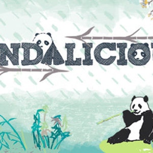 May include: A whimsical illustration featuring two pandas in a bamboo forest. The text "Pandalicious" is written in a playful font. The image is set against a light blue background with white flowers and raindrops.