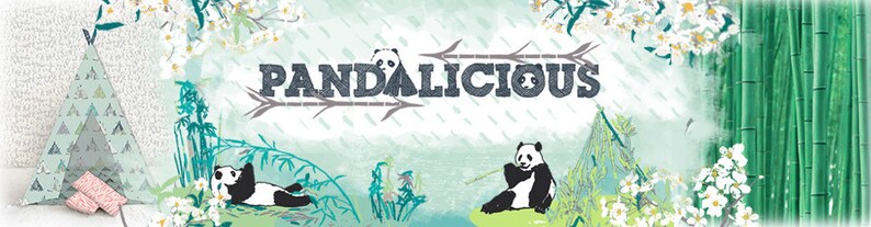 May include: A whimsical illustration featuring two pandas in a bamboo forest. The text "Pandalicious" is written in a playful font. The image is set against a light blue background with white flowers and raindrops.