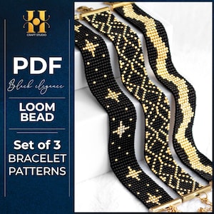 May include: Three loom bead bracelets featuring black and gold patterns, including star motifs, geometric diamonds, and a wavy line. The image includes text: H Craft Studio, PDF, Black elegance, LOOM BEAD, Set of 3 BRACELET PATTERNS.