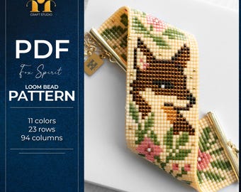 Patrón de telar de cuentas Miyuki Delica con diseño de zorro, diagrama para pulsera de cuentas con animales del bosque, patrón de cuentas pequeñas en PDF.