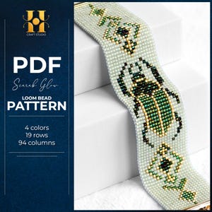 May include: A PDF loom bead pattern titled Scarab Glow from H Craft Studio. The pattern features a light green background with a central green and gold beetle motif flanked by geometric designs. Text includes 4 colours, 19 rows, and 94 columns.