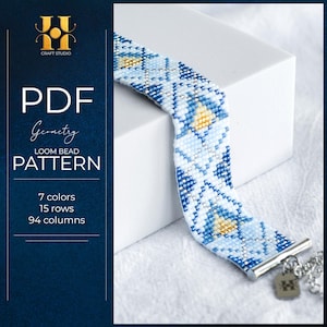 May include: A beaded loom bracelet with a geometric pattern in shades of blue, white, and yellow. The bracelet is displayed on a white surface. The image also includes text that reads "PDF Geometry Loom Bead Pattern".